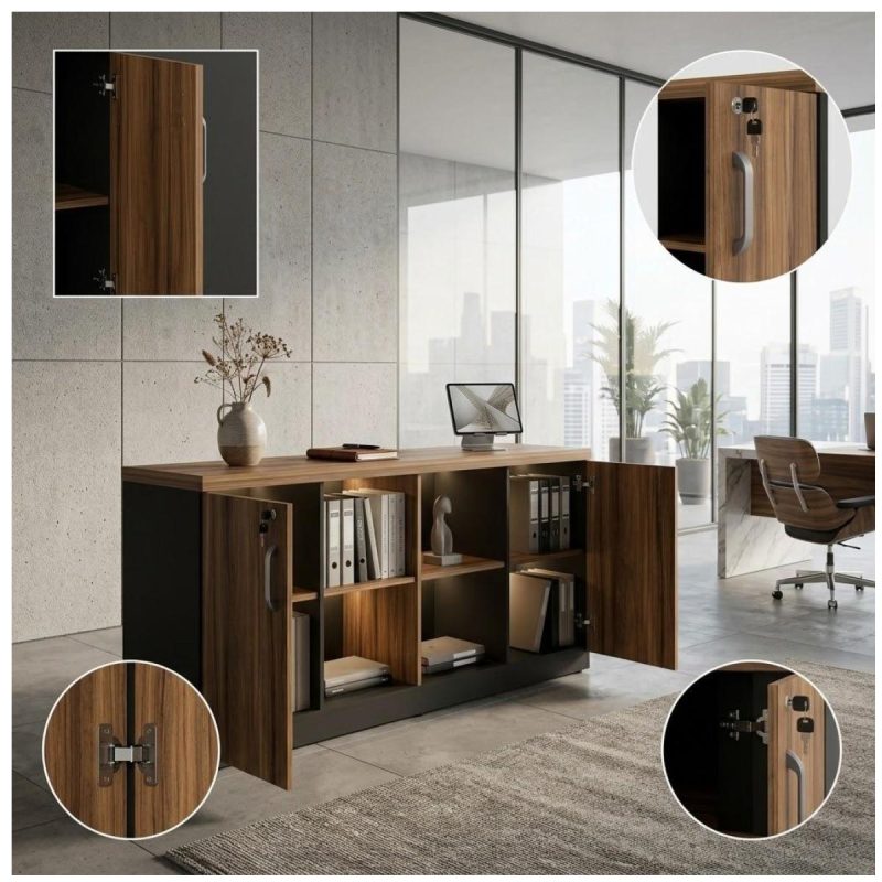 Móveis para Escritório Armário Baixo GOLD Credenza ESPECIAL - 1,60x0,73x0,45m  - GEBBWORK - NOGALSEVILHA / PRETO - 23502