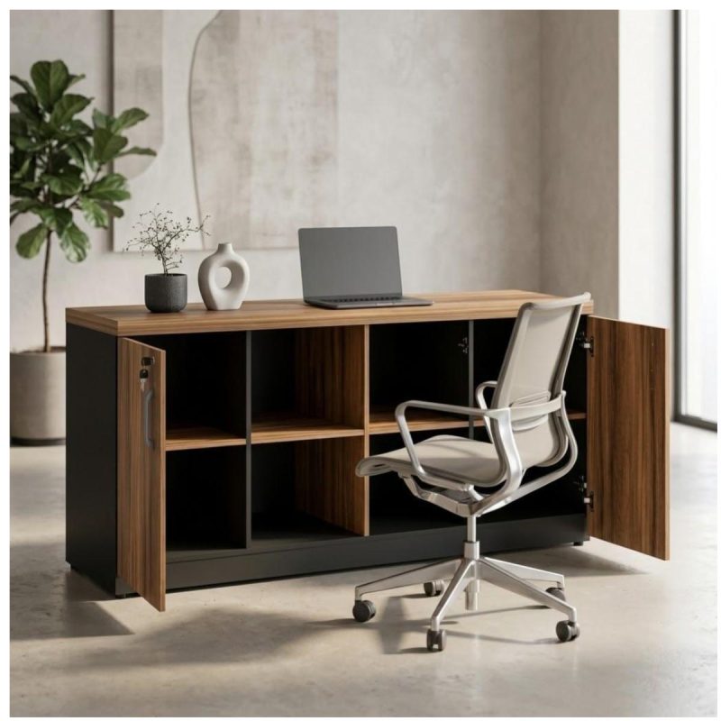Móveis para Escritório Armário Baixo GOLD Credenza ESPECIAL - 1,60x0,73x0,45m  - GEBBWORK - NOGALSEVILHA / PRETO - 23502