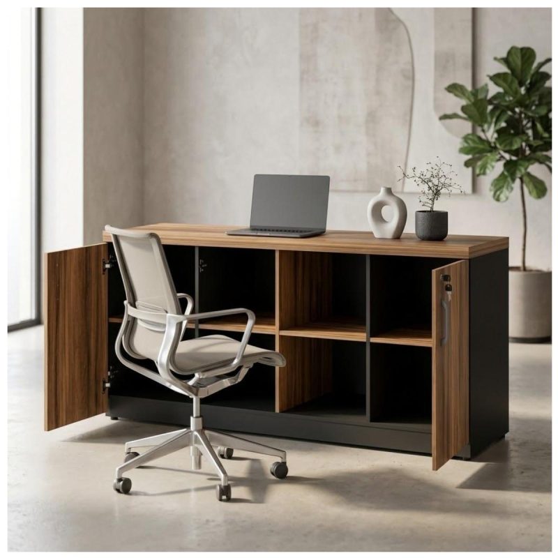 Móveis para Escritório Armário Baixo GOLD Credenza ESPECIAL - 1,60x0,73x0,45m  - GEBBWORK - NOGALSEVILHA / PRETO - 23502