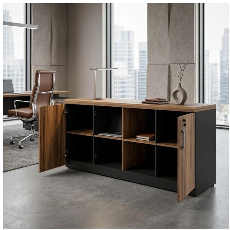 Móveis para Escritório Armário Baixo GOLD Credenza ESPECIAL - 1,60x0,73x0,45m  - GEBBWORK - NOGALSEVILHA / PRETO - 23502