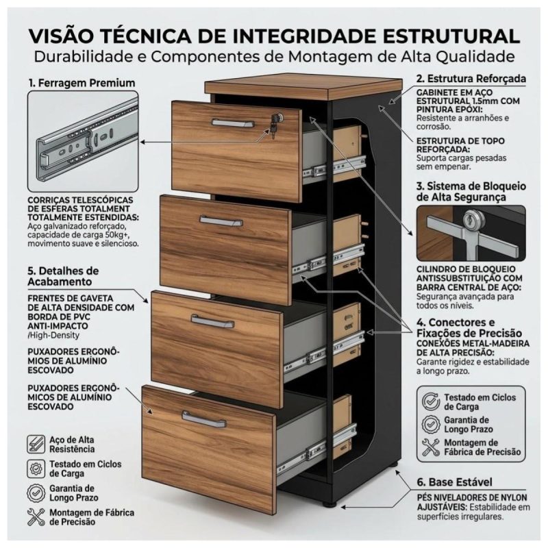Móveis para Escritório Gaveteiro Arquivo Escritório 4 Gavetas Tampo 40mm Madeira Nogal Sevilha - 21410