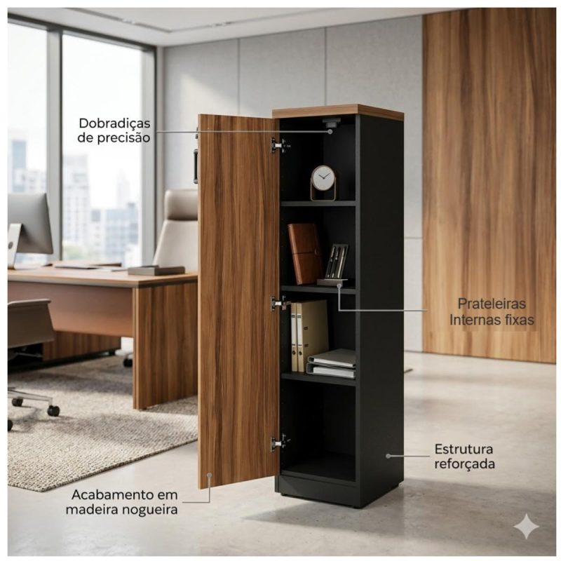 Móveis para Escritório Armário Torre de Escritório com Chave e Tampo 40mm Organização Home Office Nogal Sevilha 21434