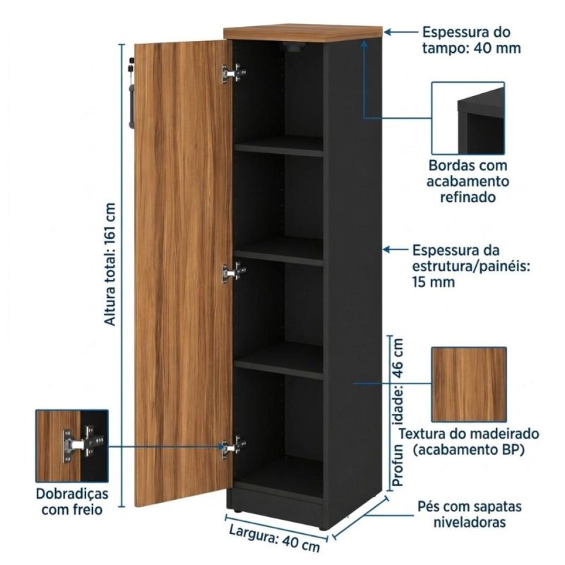 Móveis para Escritório Armário Torre de Escritório com Chave e Tampo 40mm Organização Home Office Nogal Sevilha 21434