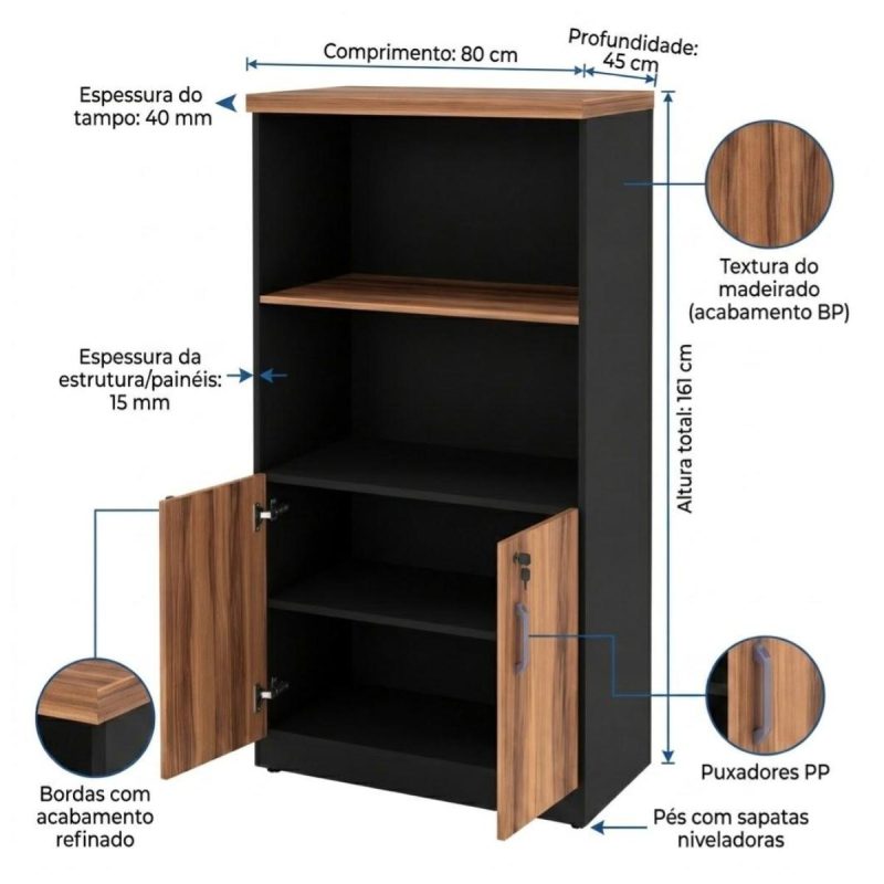 Móveis para Escritório Armário Escritório Com Chave e Nichos Tampo 40mm Madeira Nogal Sevilha / Preto 21413
