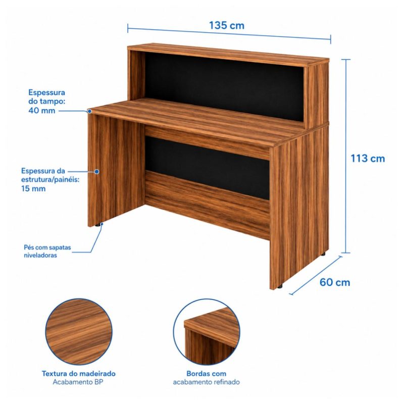 Móveis para Escritório Mesa para Recepção e Balcão Atendimento Madeira Alta Qualidade 1,35x1,13m Nogal Sevilha / Preto 63081
