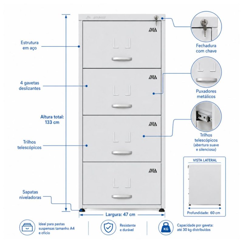 Móveis de Aço Arquivo de Aço 04 Gav - (70cm) - CHAPA # 26 - TRILHO TELESC - 1,36x0,47x0,70m - CZ/CZ - AMAPA - 13104