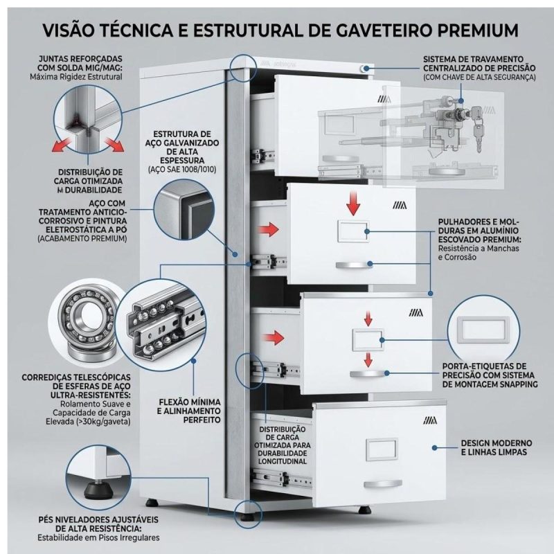 Móveis de Aço Arquivo de Aço 4 Gavetas para Pasta Suspensa com Chave Linha Aço Chapa 22 Reforçada 13106