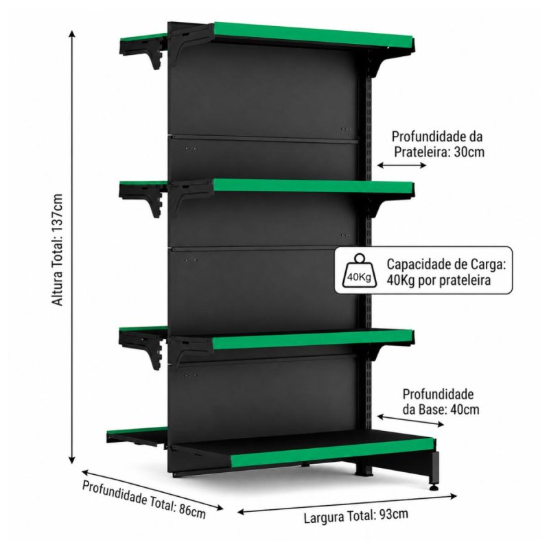Gondola Centro 137 FIT Continuação Preto 8 Bandeja Etiqueta Verde - 39301