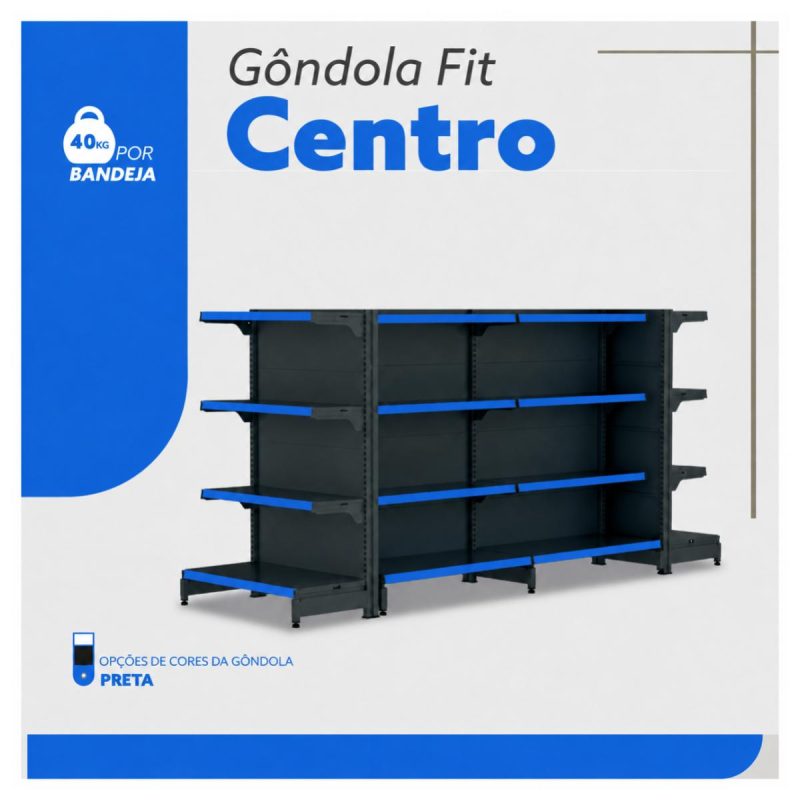 Gôndola Centro Preta Continuação 137 com 8 Bandeja Etiqueta Azul - 39302