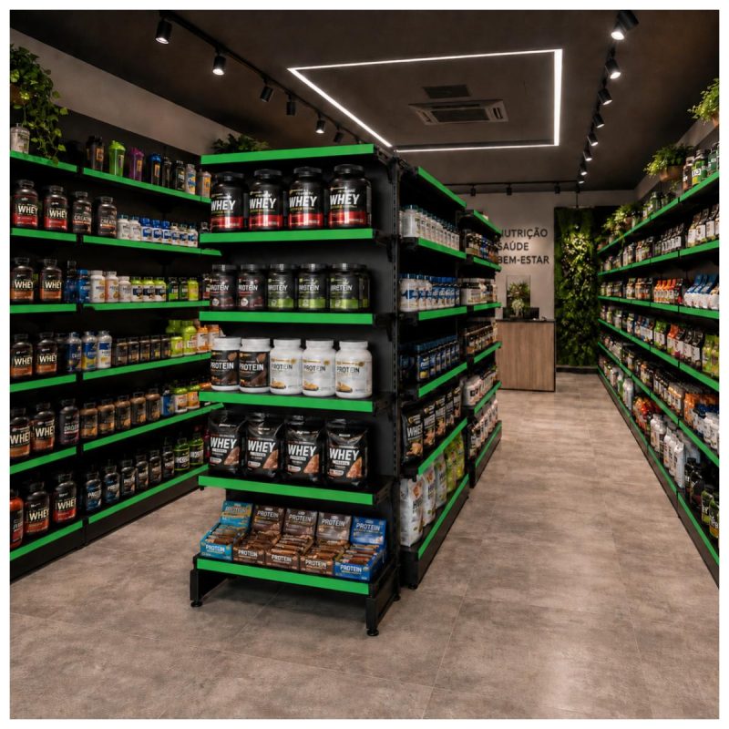 Gôndola Centro Preta Continuação 2,02m com 12 Bandeja Etiqueta Verde - 39311