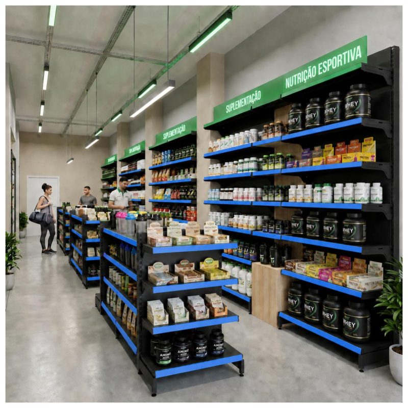 Gôndola Centro Preta Inicial 137 com 8 Bandeja Etiqueta Azul - 39405
