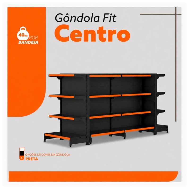 Gôndola Centro Preta Inicial 137 com 8 Bandeja Etiqueta Laranja - 39404