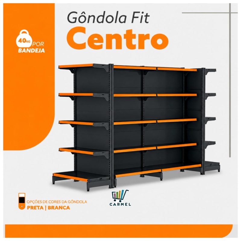 Gôndola Centro Preta Inicial 1,70m com 10 Bandeja Etiqueta Laranja - 39406