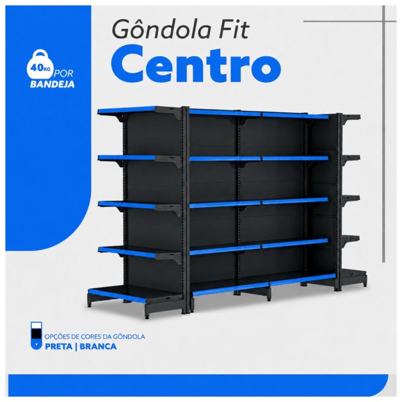 Gôndola Centro Preta Inicial 1,70m com 10 Bandeja Etiqueta Azul - 39407