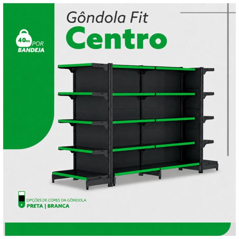 Gôndola Centro Preta Inicial 1,70m com 10 Bandeja Etiqueta Verde - 39408