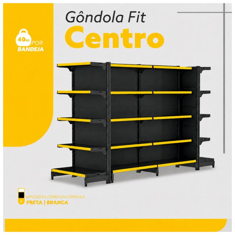 Gôndola Centro Preta Inicial 1,70m com 10 Bandeja Etiqueta Amarela - 39409