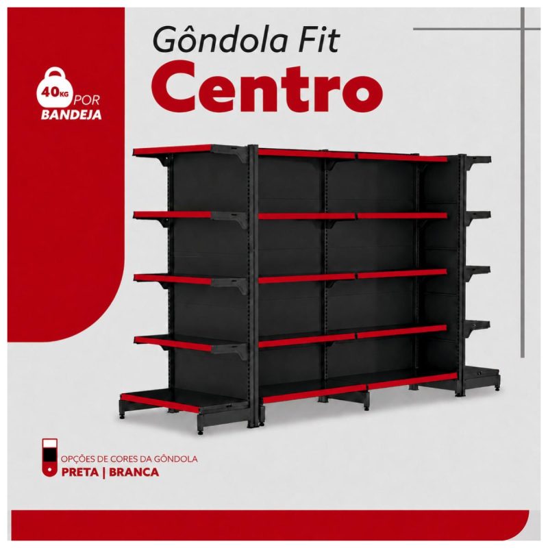 Gôndola Centro Preta Inicial 1,70m com 10 Bandeja Etiqueta Vermelha - 39410