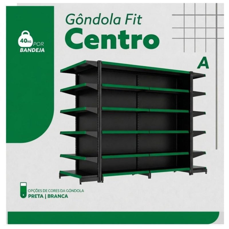 Gôndola Centro Preta Inicial 2,02m com 12 Bandeja Etiqueta Verde - 39413