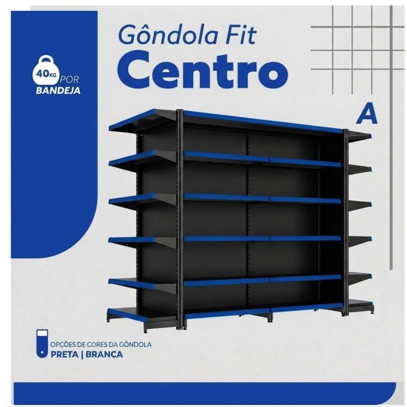 Gôndola Centro Preta Inicial 2,02m com 12 Bandeja Etiqueta Azul - 39414