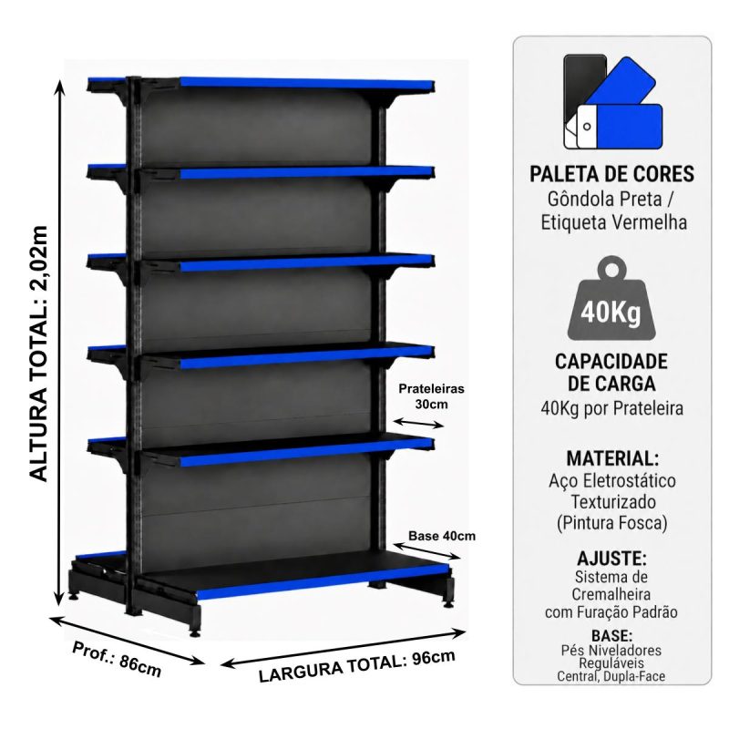Gôndola Centro Preta Inicial 2,02m com 12 Bandeja Etiqueta Azul - 39414