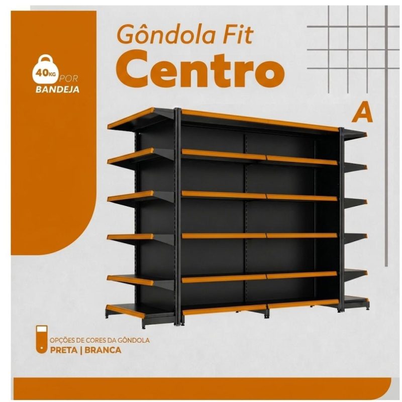 Gôndola Centro Preta Inicial 2,02m com 12 Bandeja Etiqueta Laranja - 39415