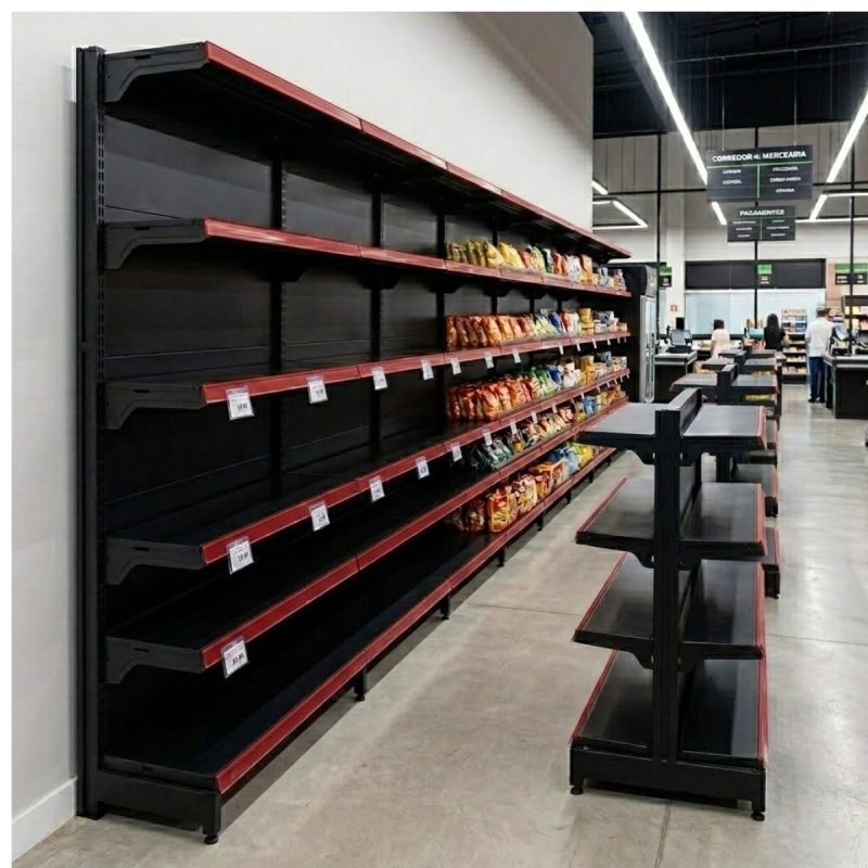 Gôndola Parede Preta Continuação 1,70m com 5 Bandejas Etiqueta Vermelho - 39515