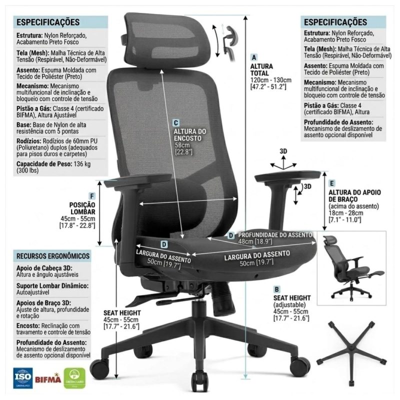 Cadeiras Escritório Cadeira Presidente Ergonômica Premium com Ajuste 3D e Tela Mesh Preta TOKYO - 32887