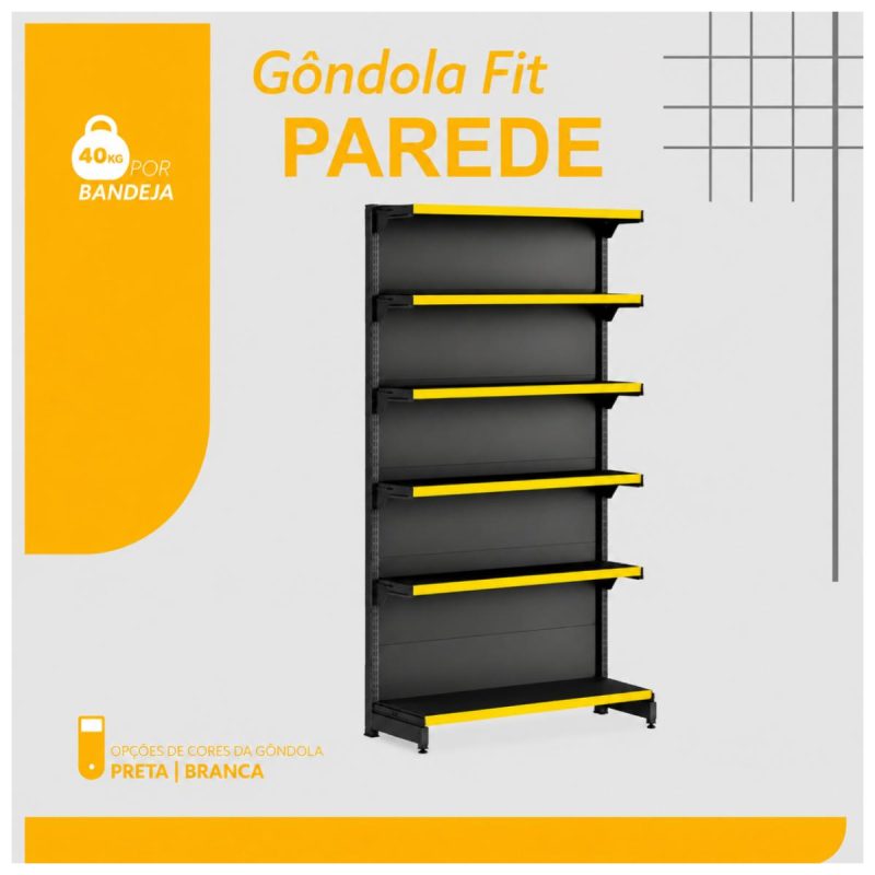 Gôndola Parede Preta Continuação 2,02m com 6 Bandeja Etiqueta Amarela - 39506