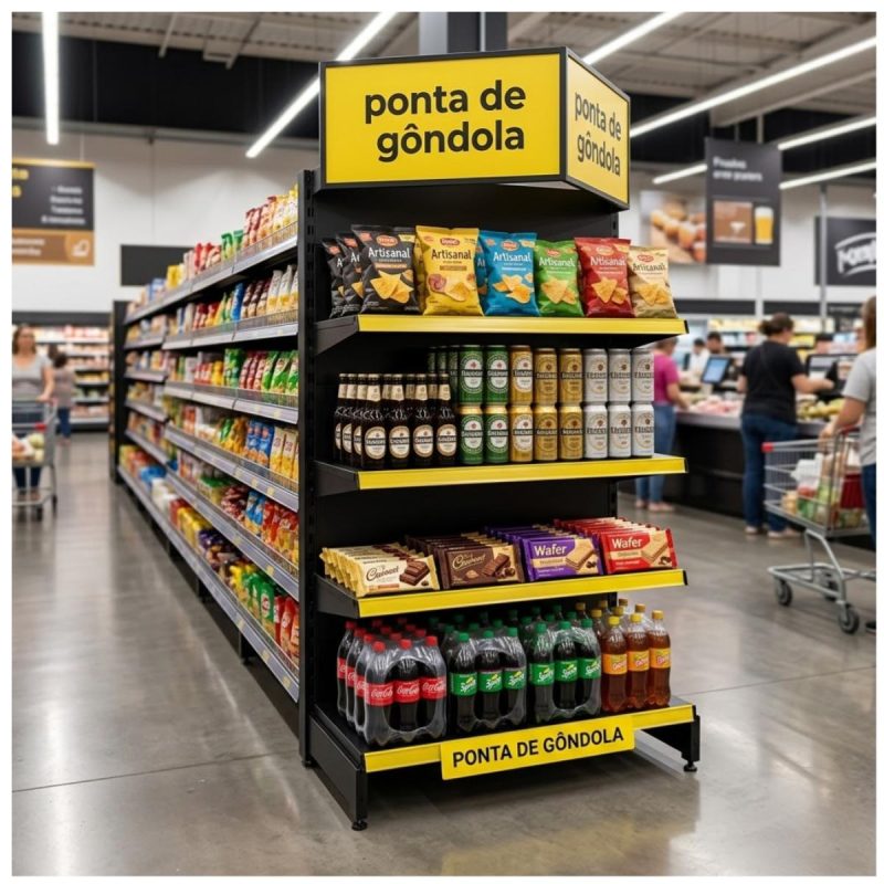 Gôndola PONTA Preta 1,37m com 4 Bandejas Etiqueta Amarela - 39416