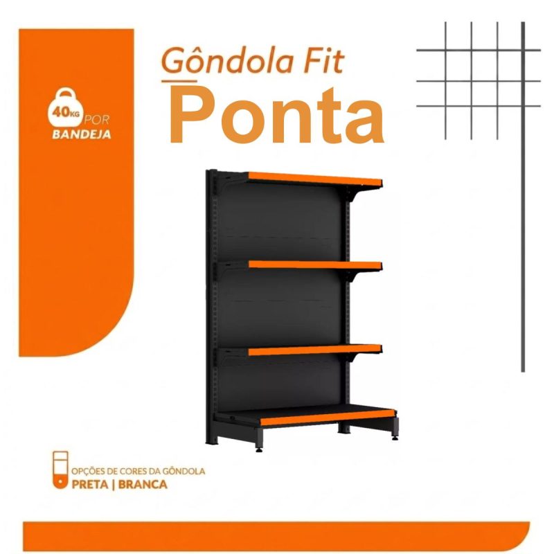 Gôndola PONTA Preta 1,37m com 4 Bandejas Etiqueta Laranja - 39417