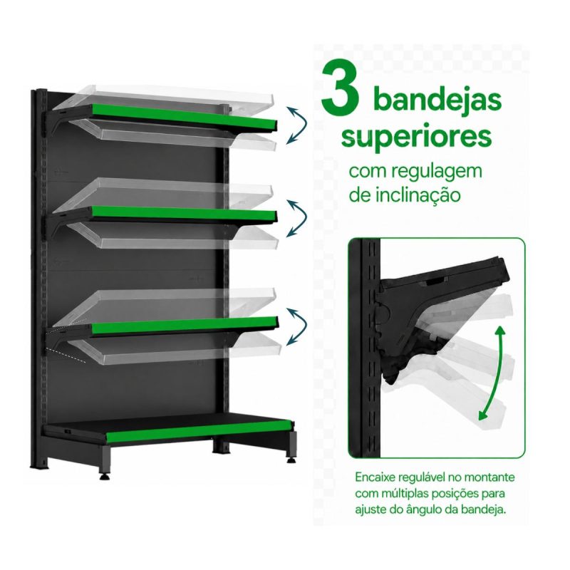 Gôndola PONTA Preta 1,37m com 4 Bandejas Etiqueta Verde - 39418