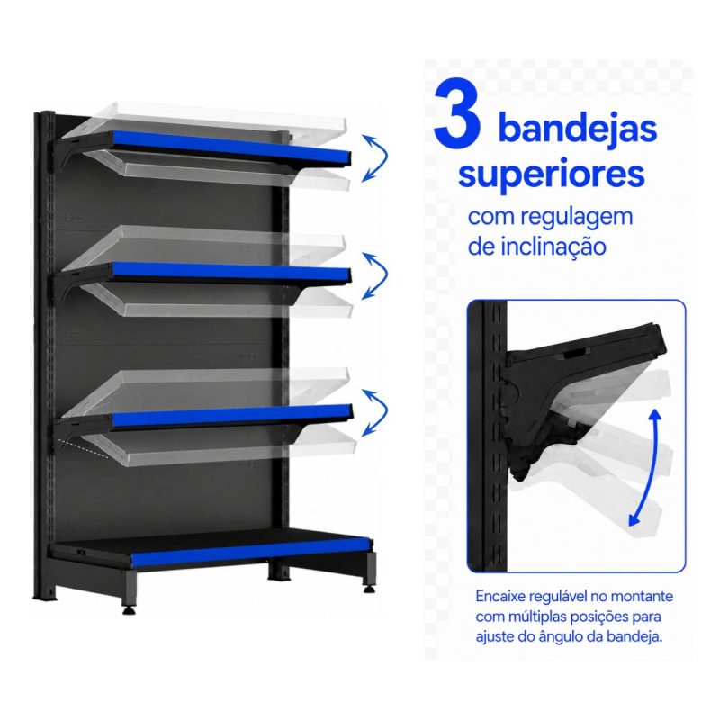 Gôndola PONTA Preta 1,37m com 4 Bandejas Etiqueta Azul - 39419