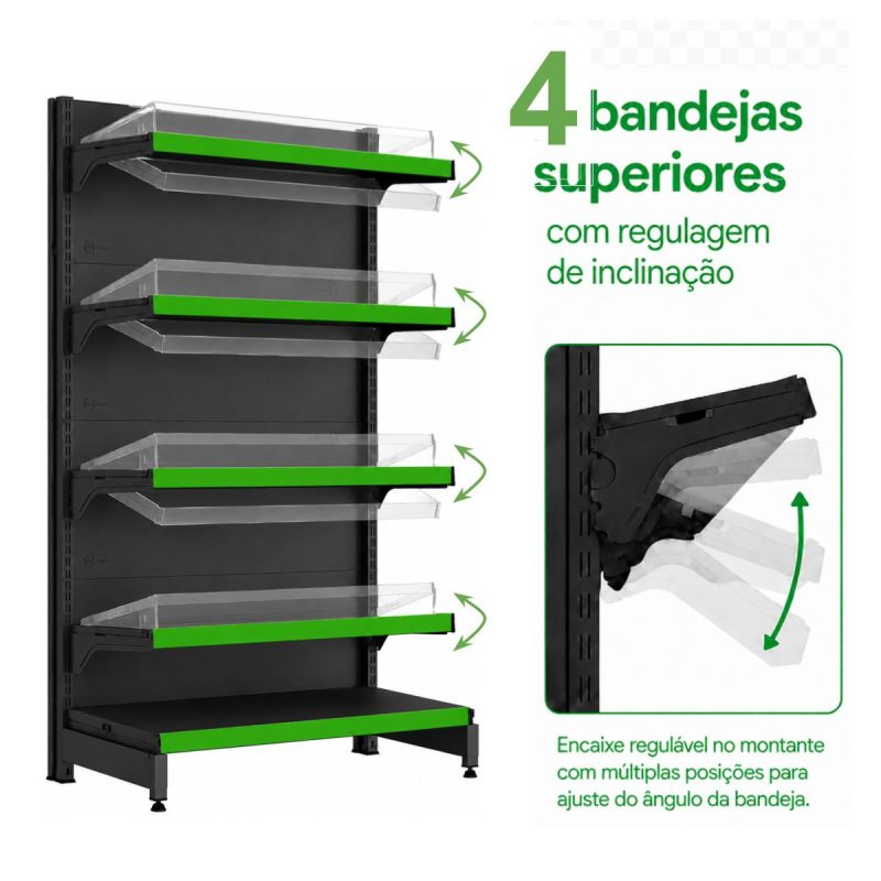 Gôndola PONTA Preta 1,70m com 5 Bandejas Etiqueta Verde - 39423