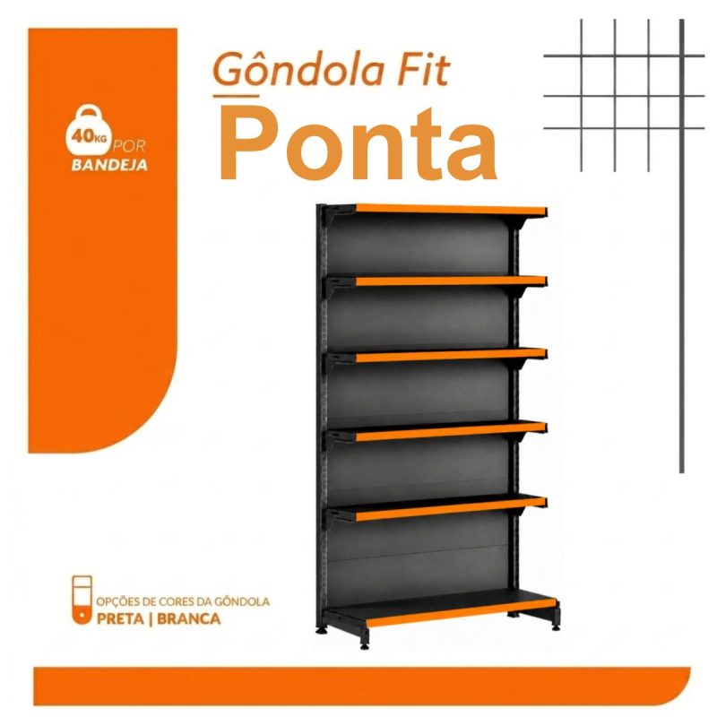 Gôndola PONTA Preta 2,02m com 6 Bandejas Etiqueta Laranja - 39430