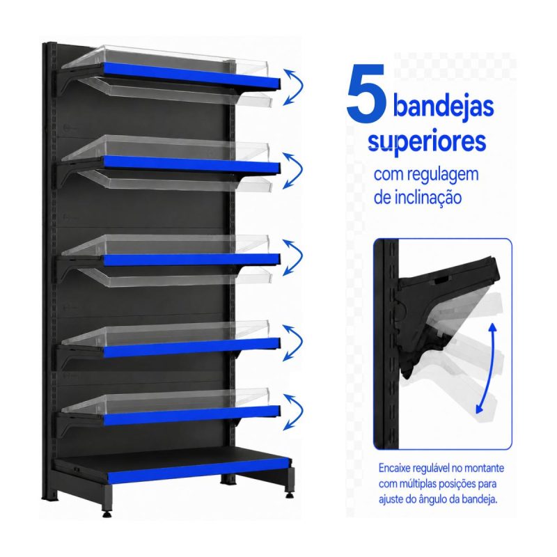 Gôndola PONTA Preta 2,02m com 6 Bandejas Etiqueta Azul - 39428