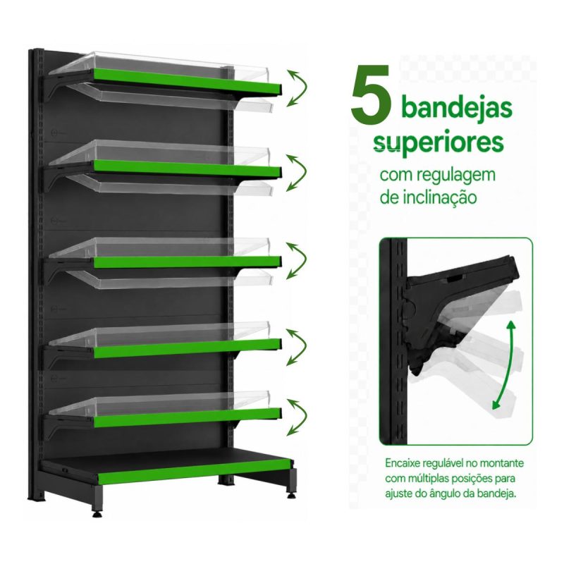 Gôndola PONTA Preta 2,02m com 6 Bandejas Etiqueta Verde - 39427